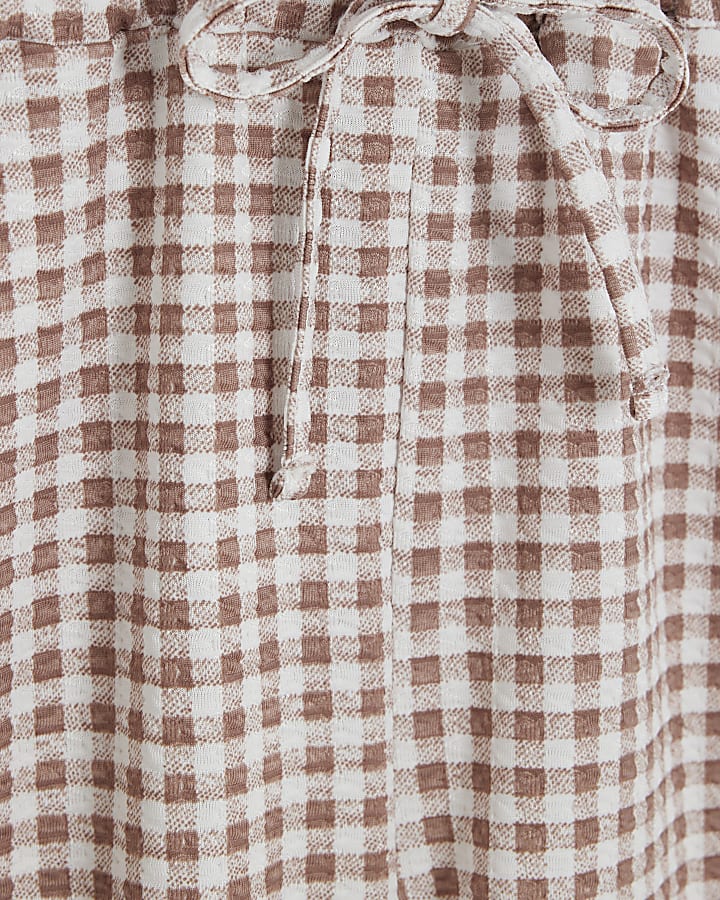 Beige Gingham Wide Leg Trousers