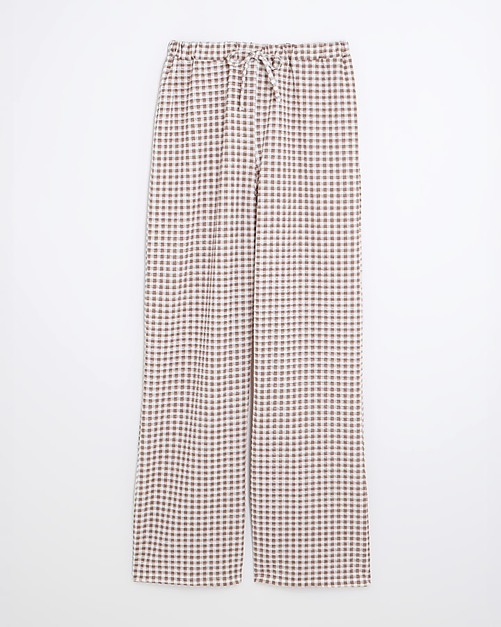 Beige Gingham Wide Leg Trousers