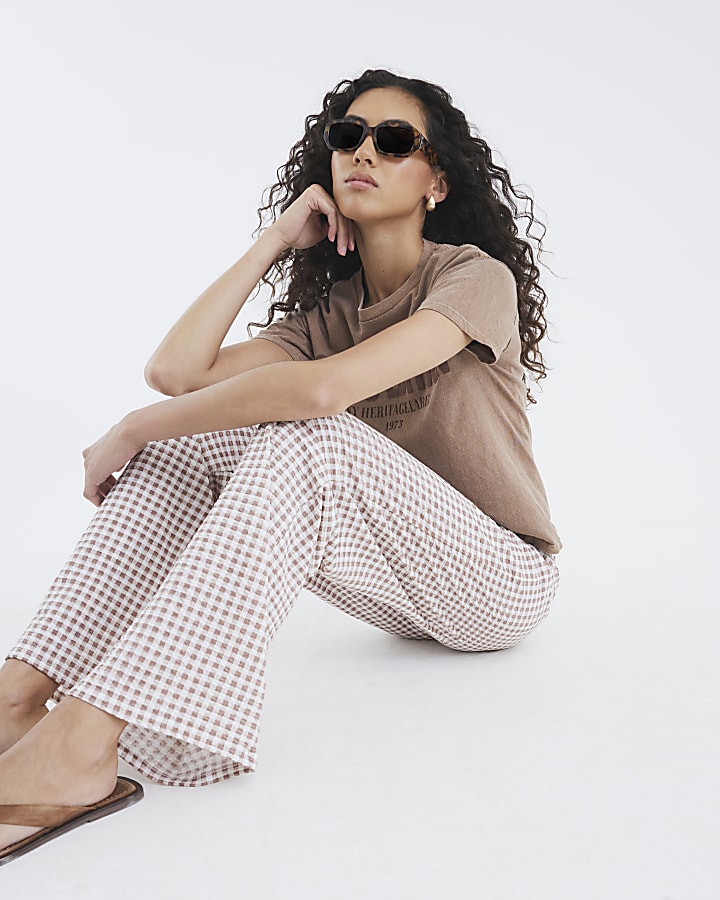 Beige Gingham Wide Leg Trousers