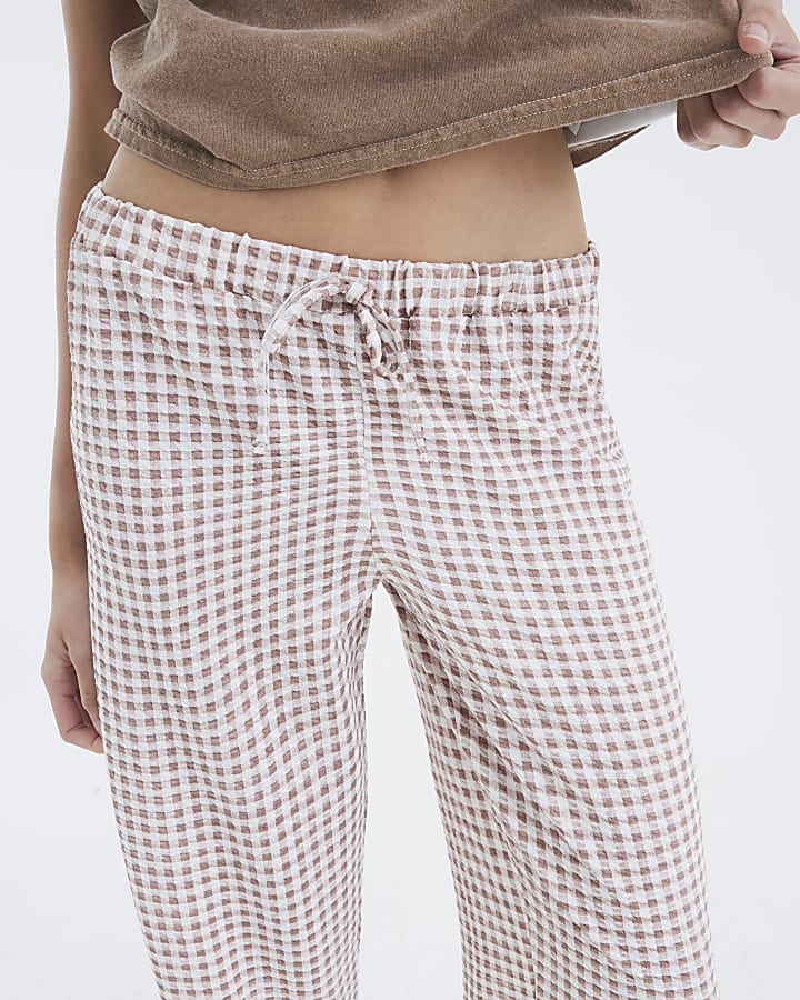 Beige Gingham Wide Leg Trousers