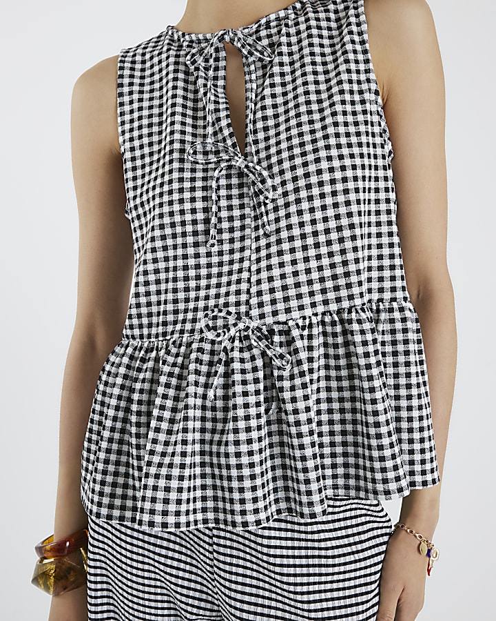 Black Gingham Tie Front Peplum Top