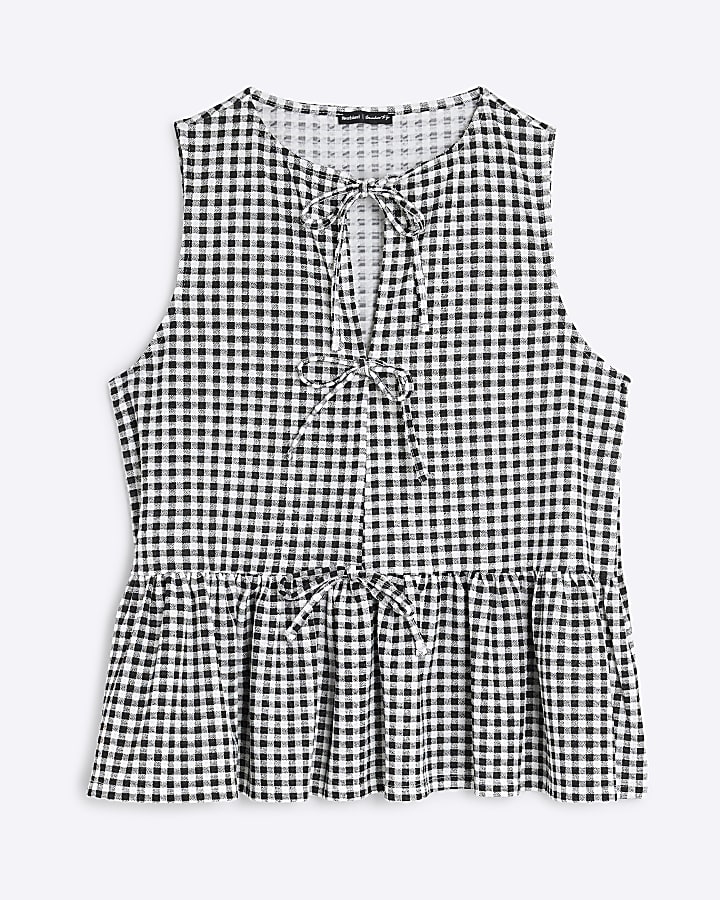 Black Gingham Tie Front Peplum Top
