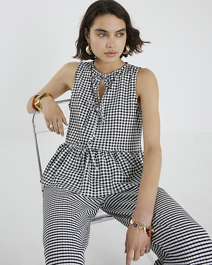 Black Gingham Tie Front Peplum Top