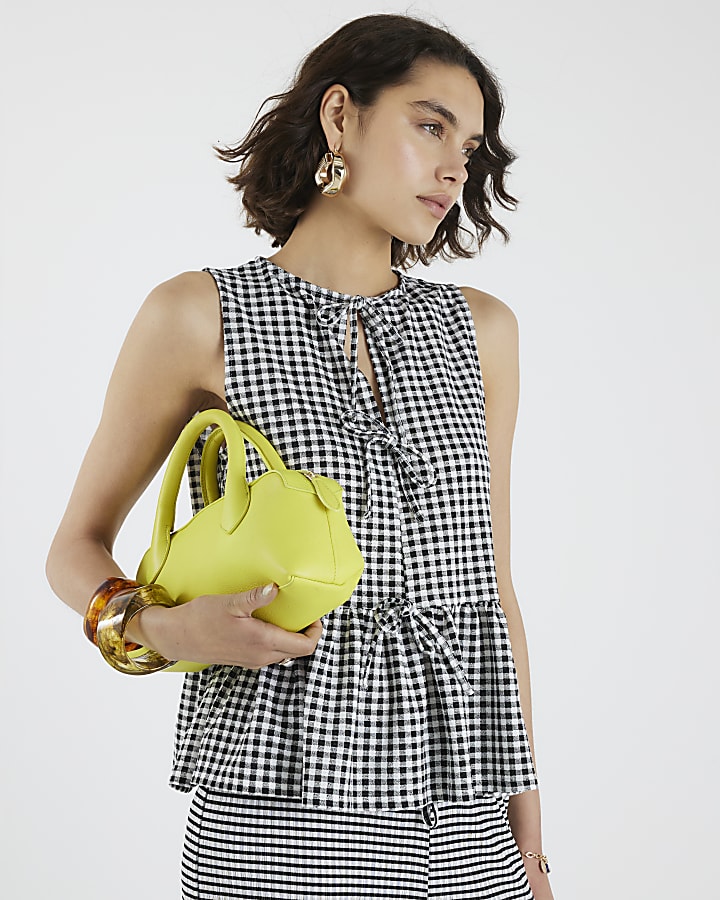 Black Gingham Tie Front Peplum Top
