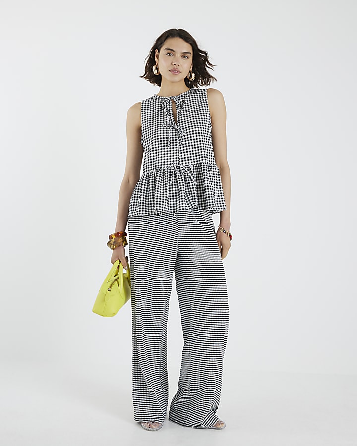 Black Gingham Tie Front Peplum Top