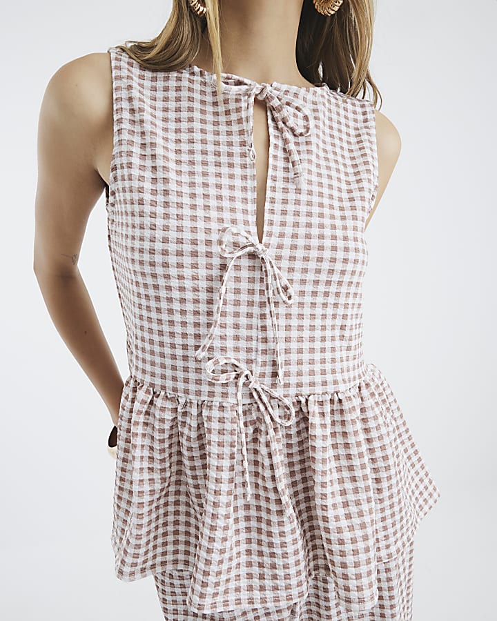Beige Sleeveless Gingham Tie Front Top