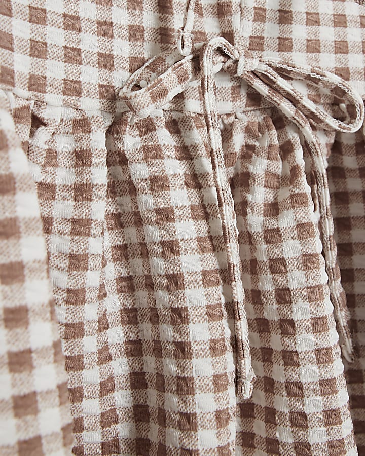 Beige Sleeveless Gingham Tie Front Top