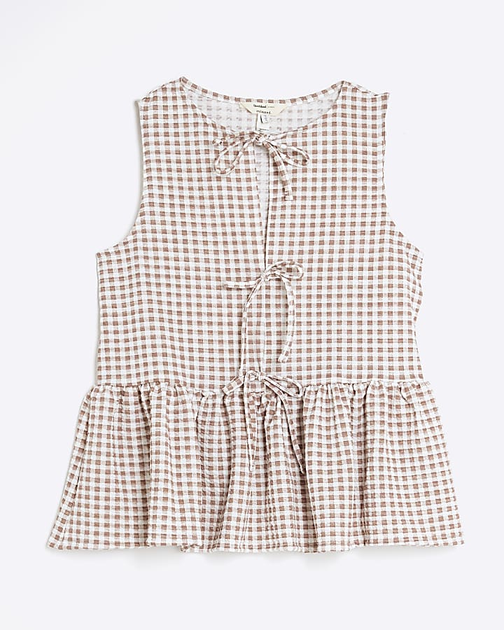 Beige Sleeveless Gingham Tie Front Top
