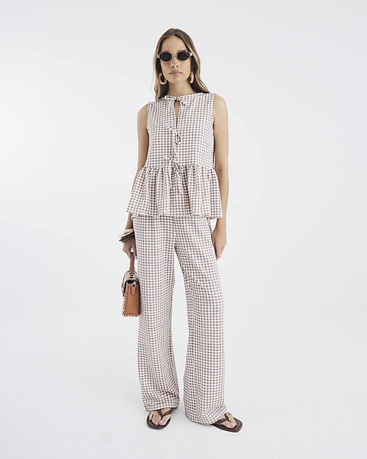 Beige Sleeveless Gingham Tie Front Top