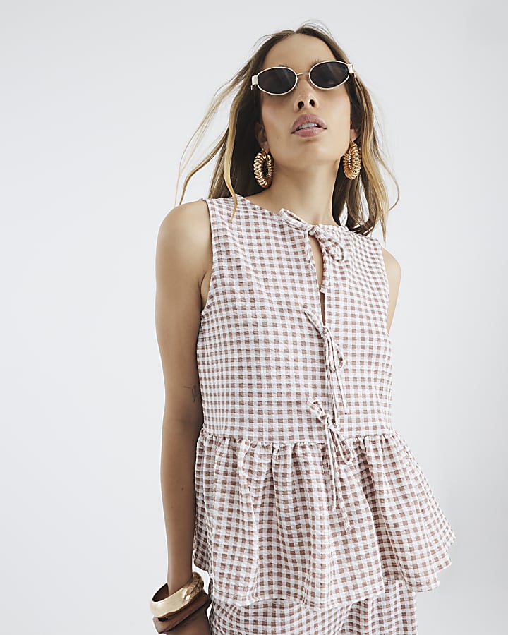 Beige Sleeveless Gingham Tie Front Top