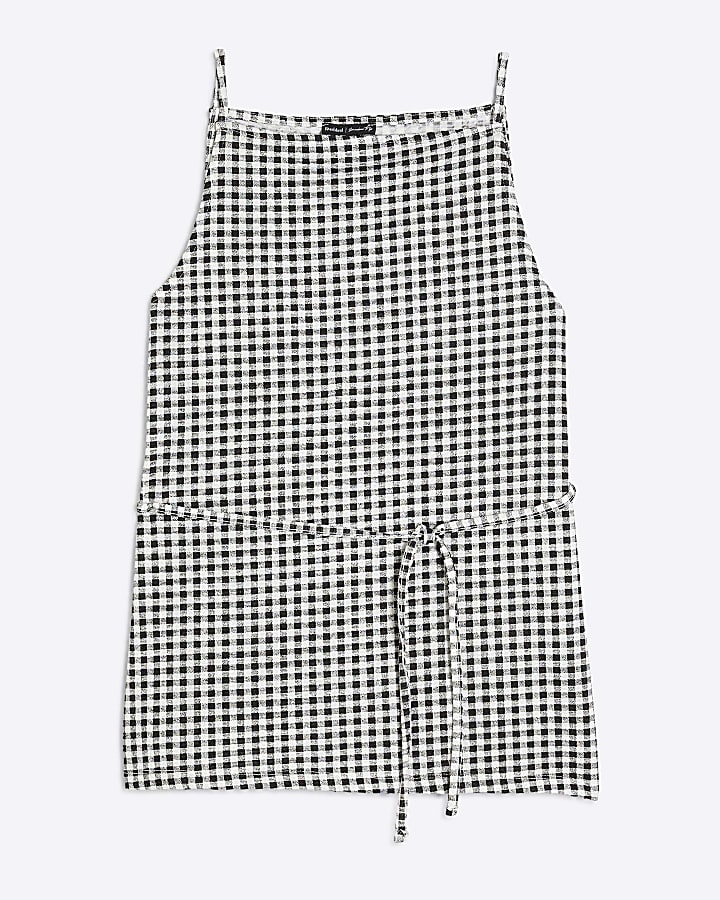 Black Sleeveless Gingham Tie Waist Tunic Top