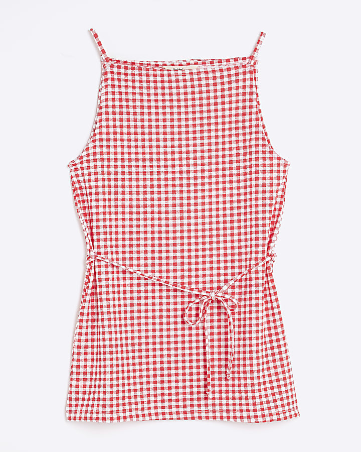Red Sleeveless Gingham Tie Waist Tunic Top