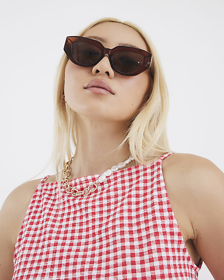Red Sleeveless Gingham Tie Waist Tunic Top