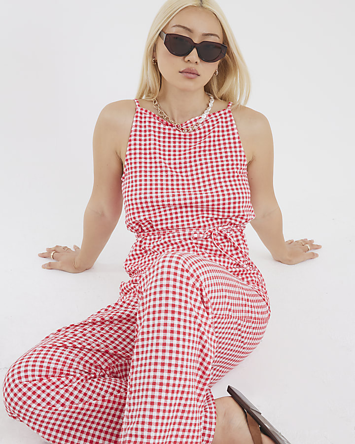 Red Sleeveless Gingham Tie Waist Tunic Top