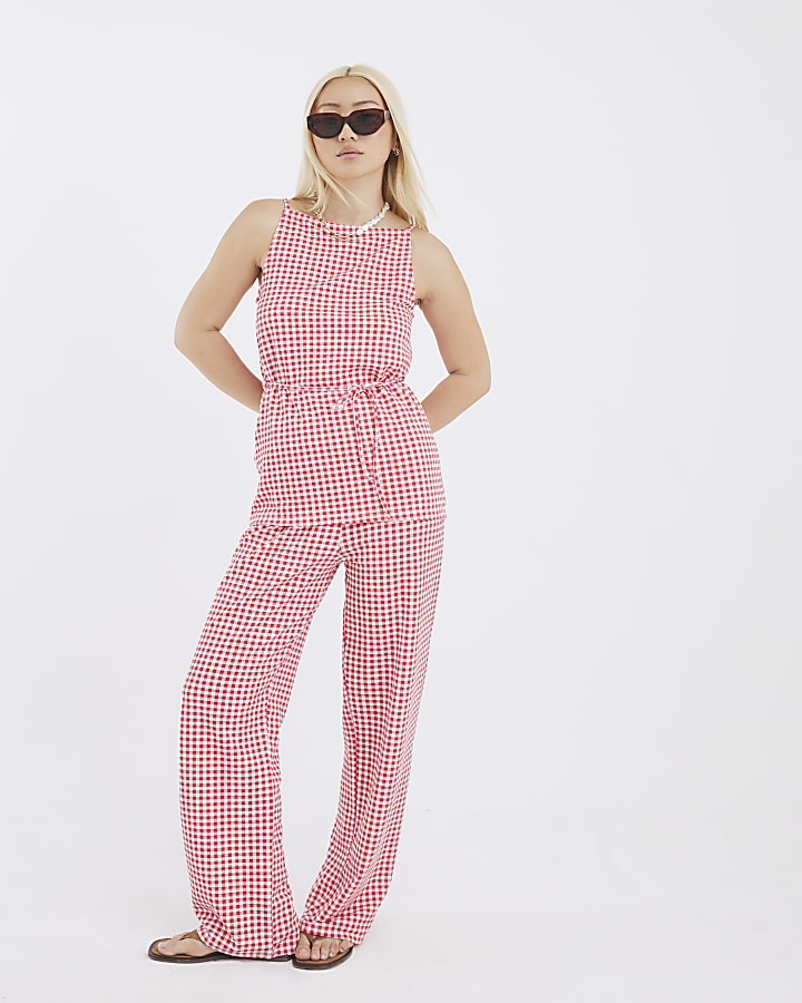 Red Sleeveless Gingham Tie Waist Tunic Top