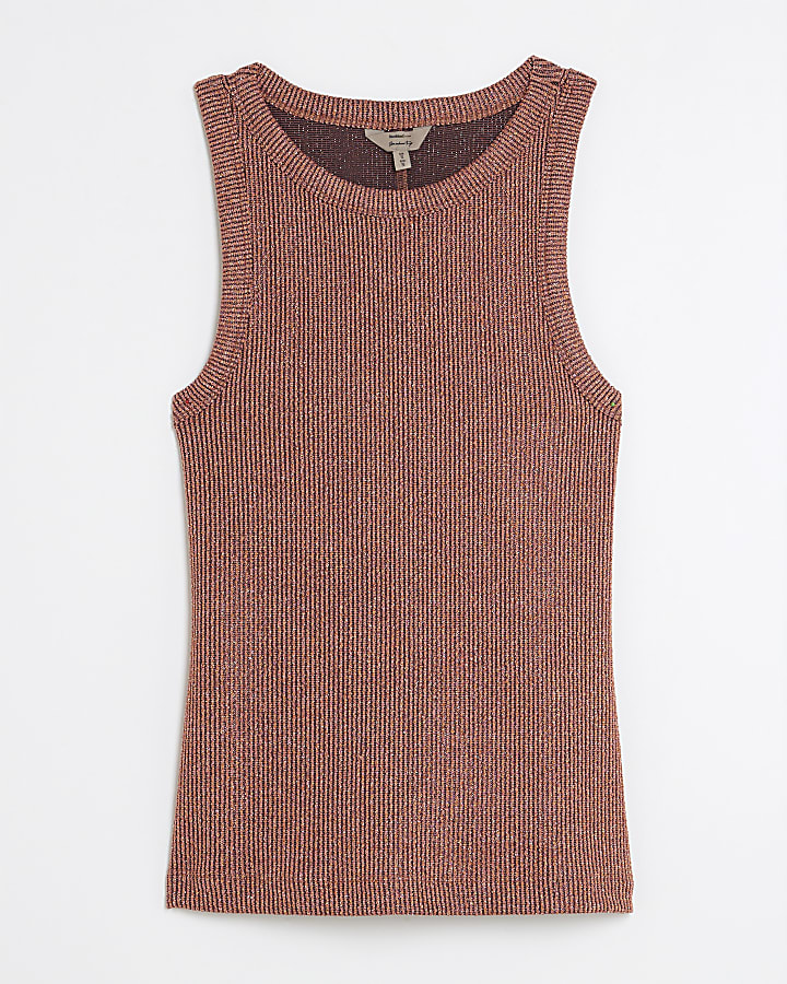 Orange Sleeveless Metallic Tank Top