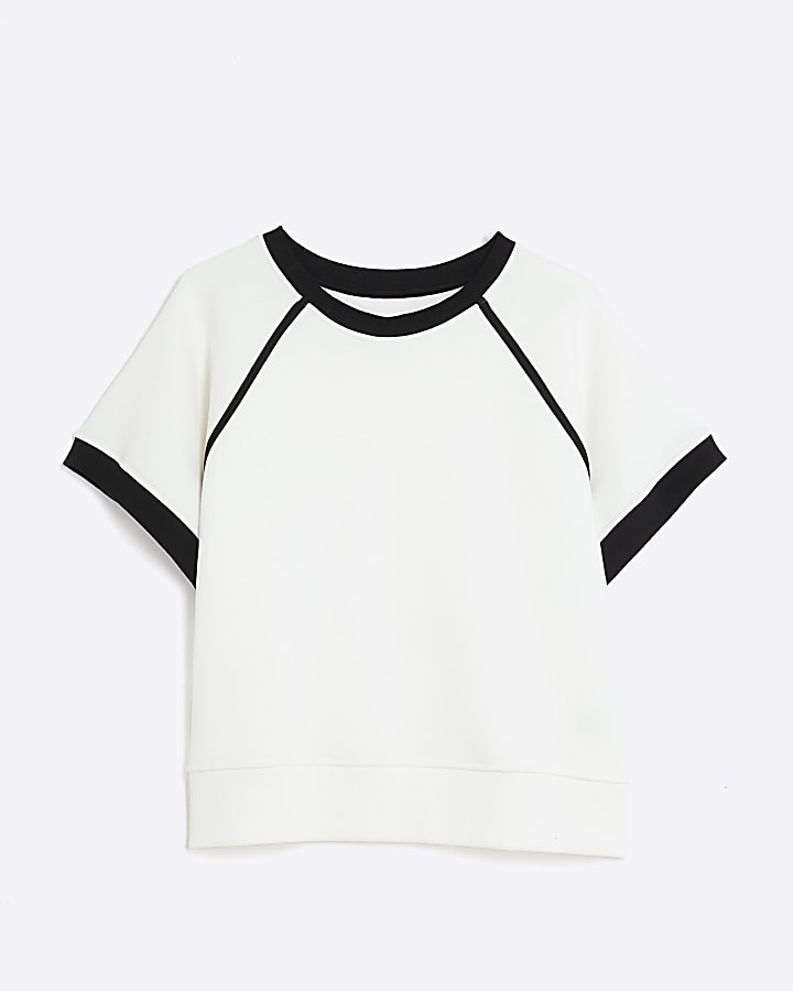 White Piped Short Sleeve Sweatshirt