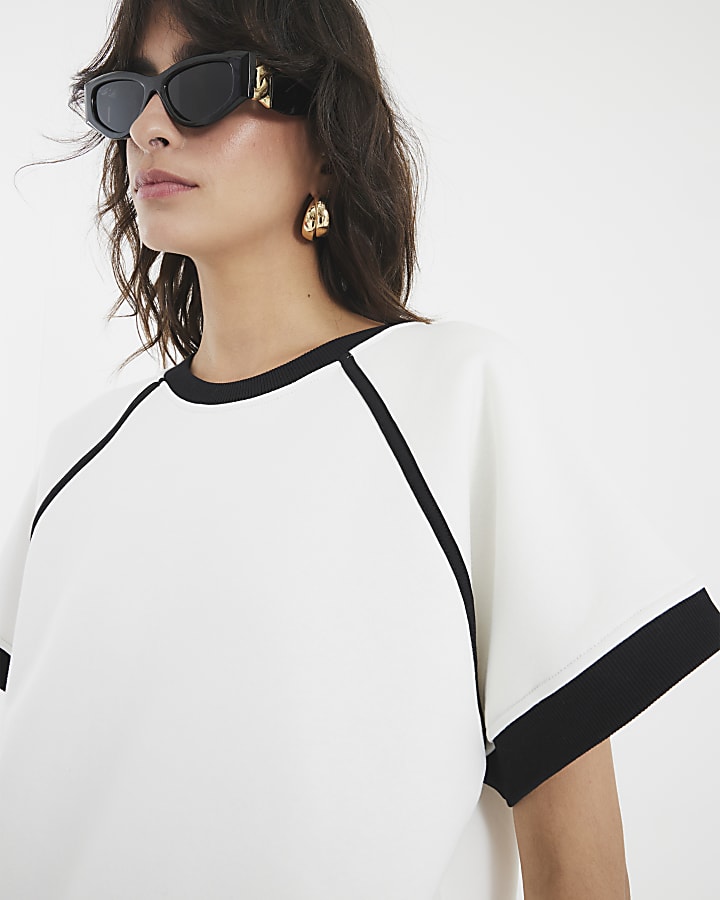 White Piped Short Sleeve Sweatshirt
