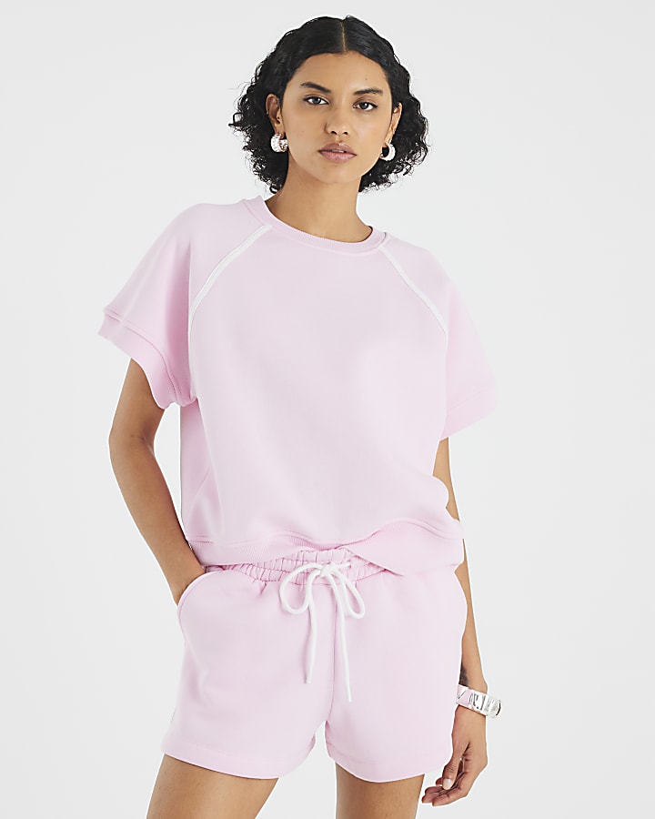 Pink Piping Detail Short Sleeve Sweatshirt