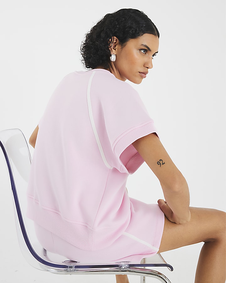 Pink Piping Detail Short Sleeve Sweatshirt