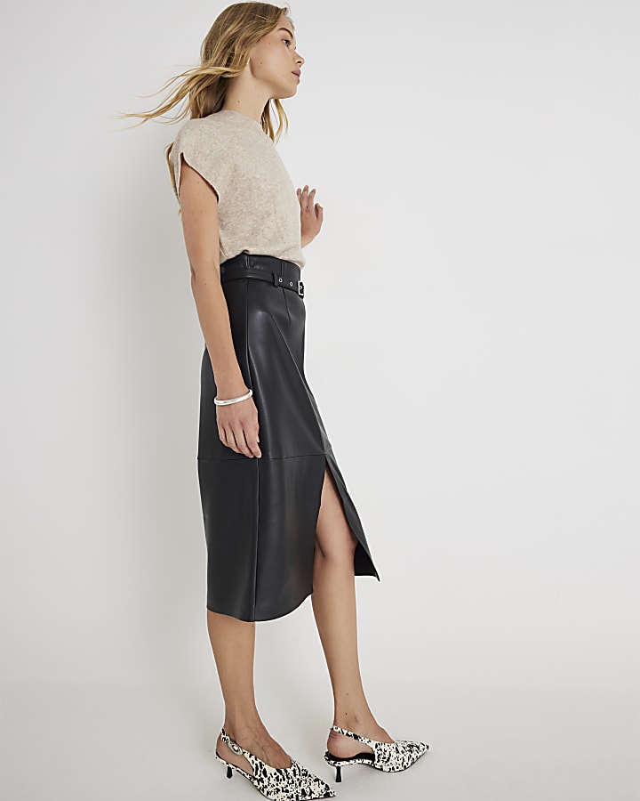 Black Faux Leather Belted Midi Skirt