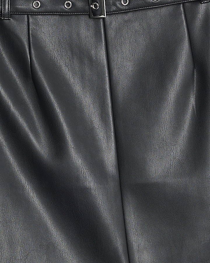 Black Faux Leather Belted Midi Skirt