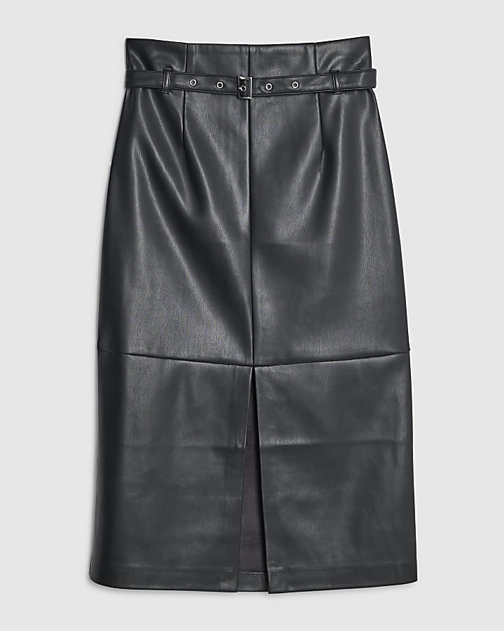 Black Faux Leather Belted Midi Skirt