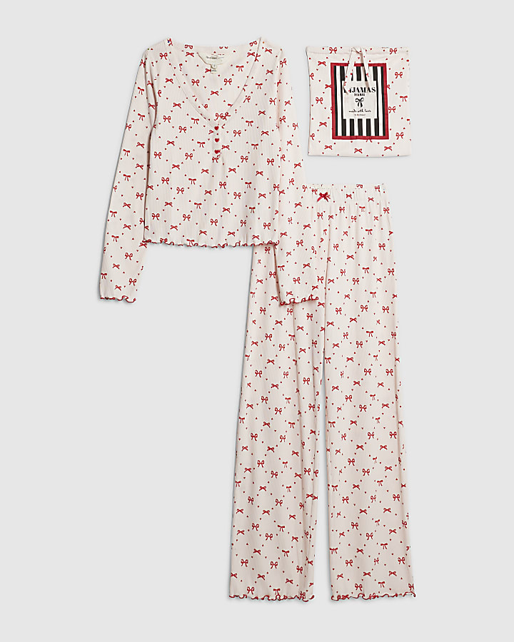 Pink Long Sleeve Bow Pyjama Set