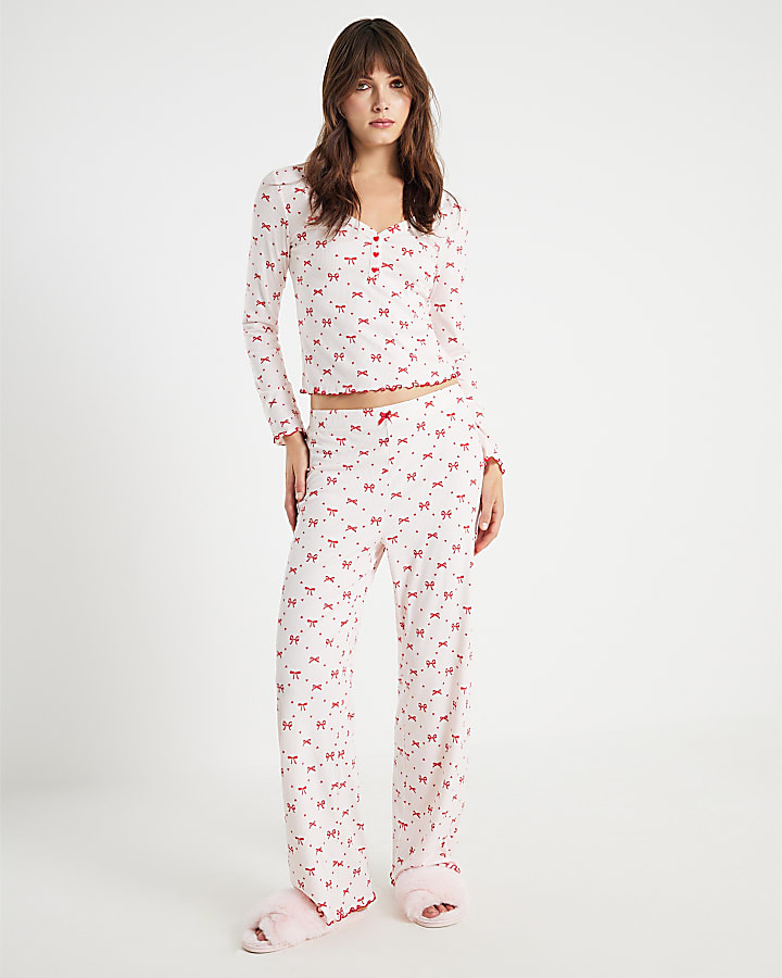 Pink Long Sleeve Bow Pyjama Set