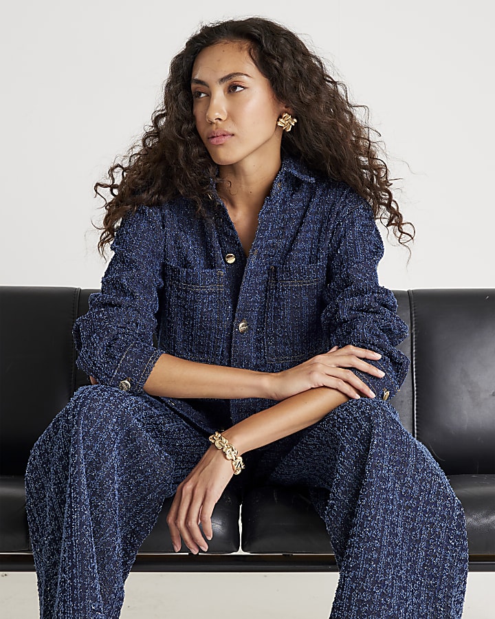Blue Denim Boucle Long Sleeve Shacket