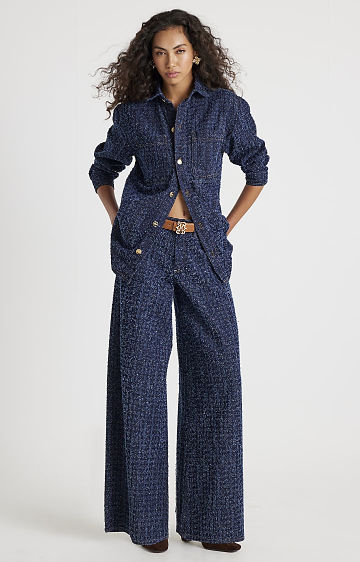 Blue Denim Boucle Long Sleeve Shacket