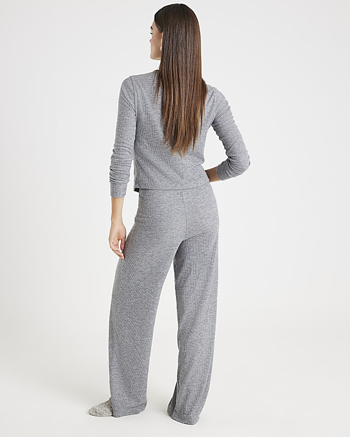 Grey Ribbed Button Up Pyjama Set