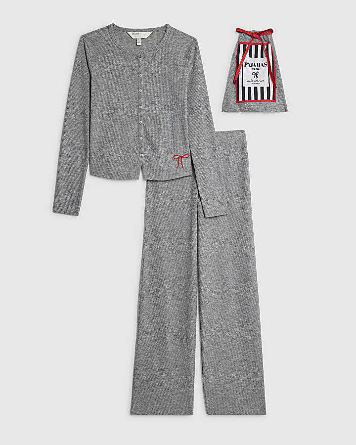 Grey Ribbed Button Up Pyjama Set