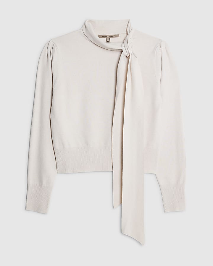 Cream Knit Neck Bow Tie Knit top