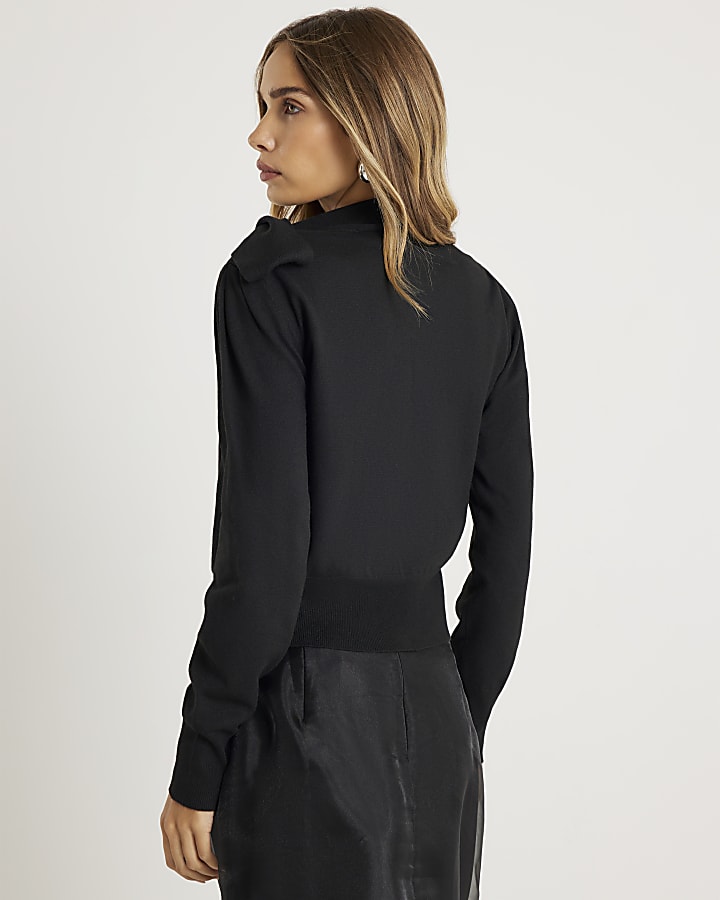 Black Knit Neck Bow Tie Jumper