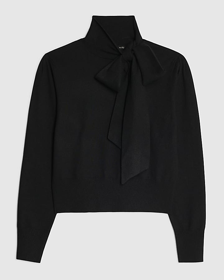 Black Knit Neck Bow Tie Jumper