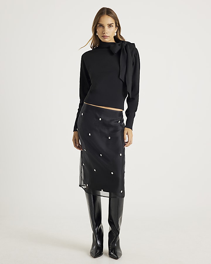 Black Knit Neck Bow Tie Jumper