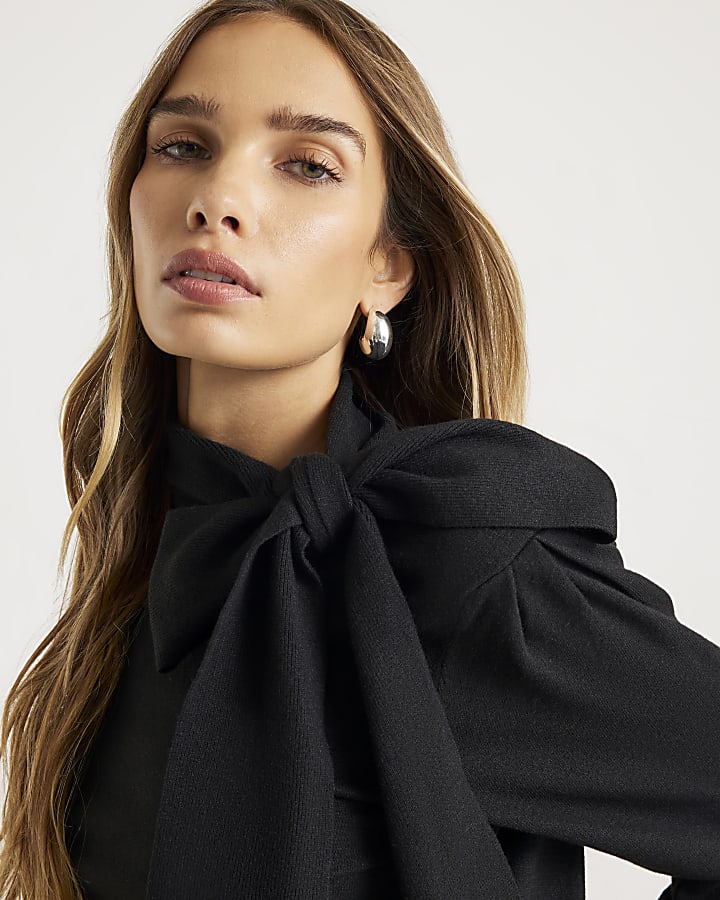 Black Knit Neck Bow Tie Jumper
