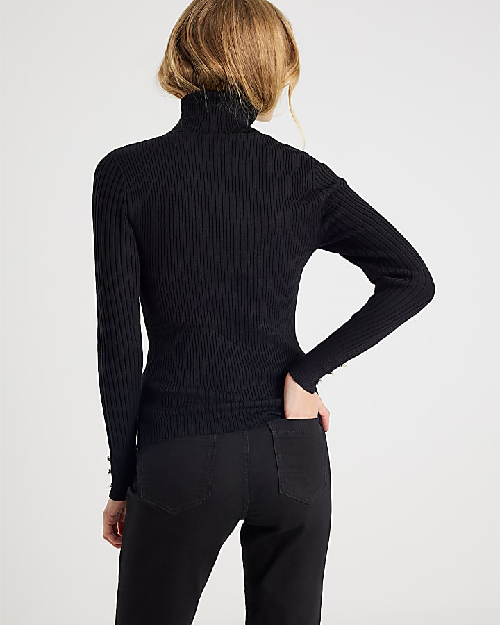 Black Knit Ribbed Roll Neck Top