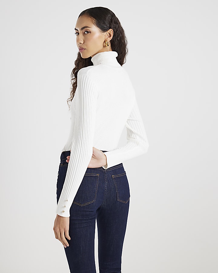 White Knitted Ribbed Roll Neck Top