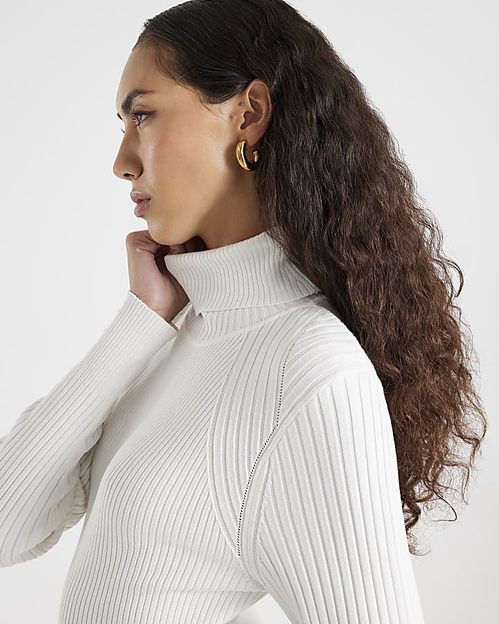 White Knitted Ribbed Roll Neck Top