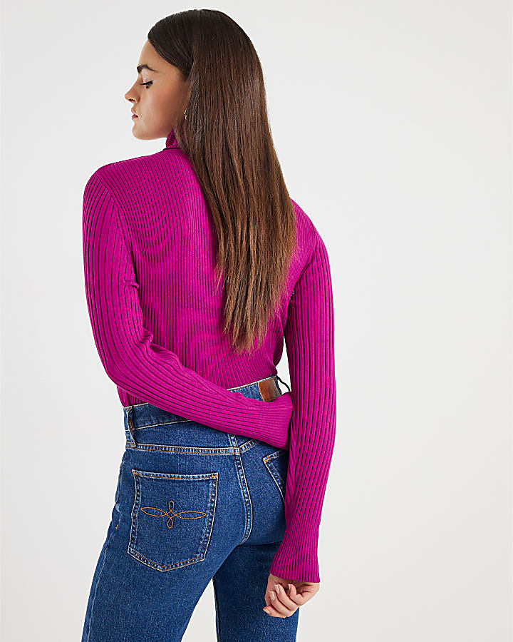 Pink Knit Ribbed Roll Neck Top