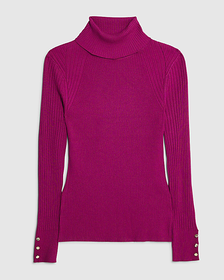 Pink Knit Ribbed Roll Neck Top