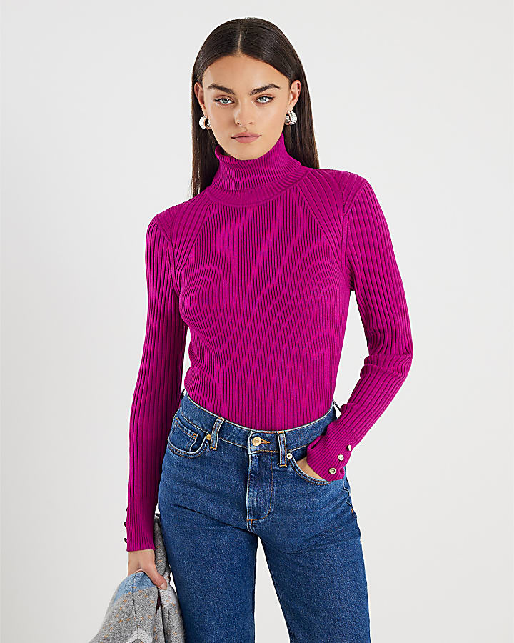 Pink Knit Ribbed Roll Neck Top