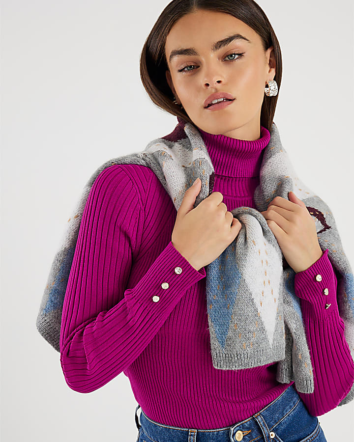 Pink Knit Ribbed Roll Neck Top