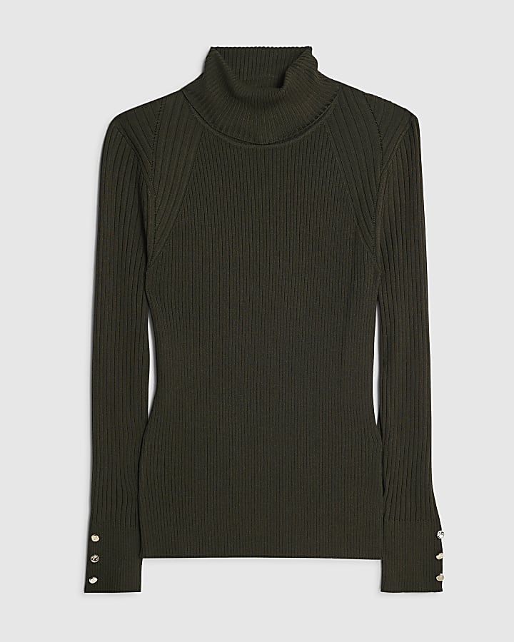 Green Ribbed Roll Neck Top