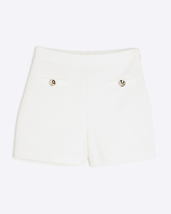 White Boucle Button Detail Shorts