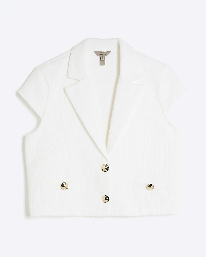 White Short Sleeve Boucle Jacket