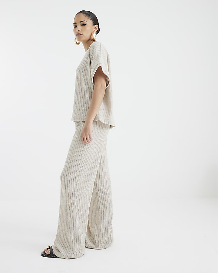 Petite Gold Knit Ribbed Wide Leg Trousers
