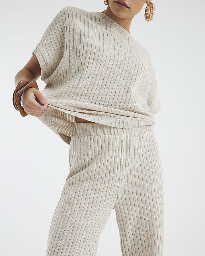 Petite Gold Knit Ribbed Wide Leg Trousers